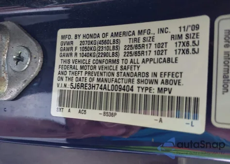 2010 Honda Cr-V Ex-L z USA, uszkodzony, nr VIN 5J6RE3H74AL009404